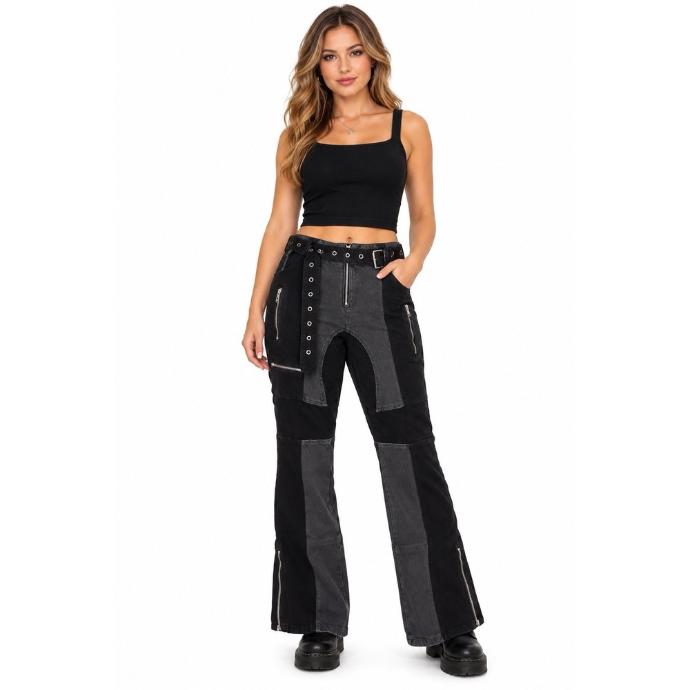 Y2K Black Patchwork Pants Womens Large Goth Grunge Alt Buckle Zip Flare Rave